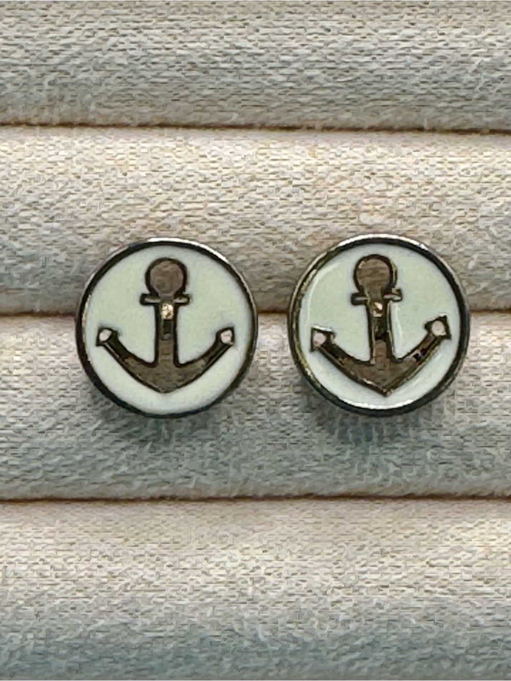 Nautical Anchor Stud Earrings in Enameled Cream White and Gold